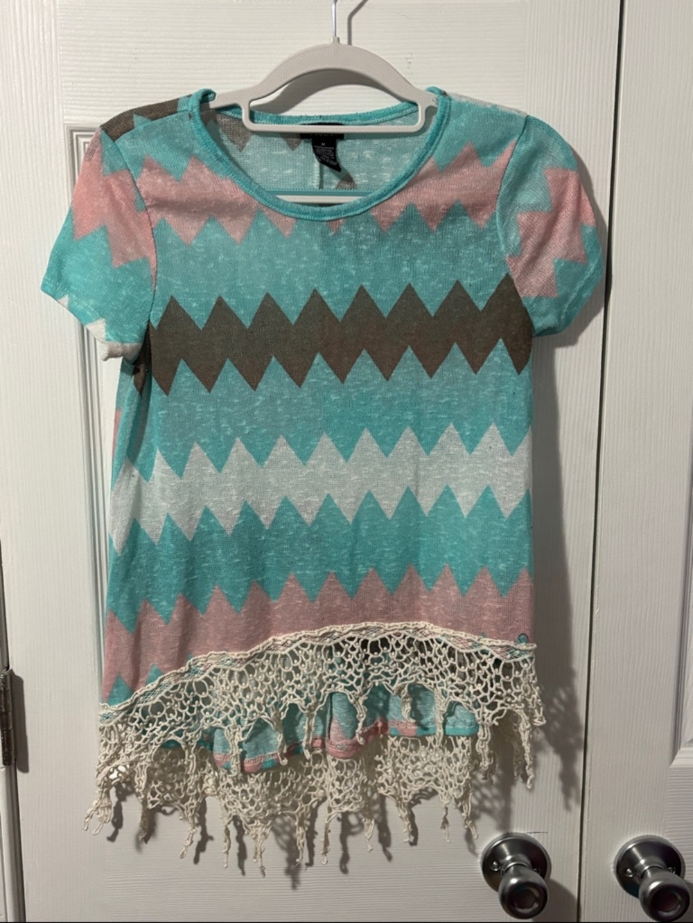 Rue21 Teal Pink Gray Zigzag Fringe Short Sleeve Top